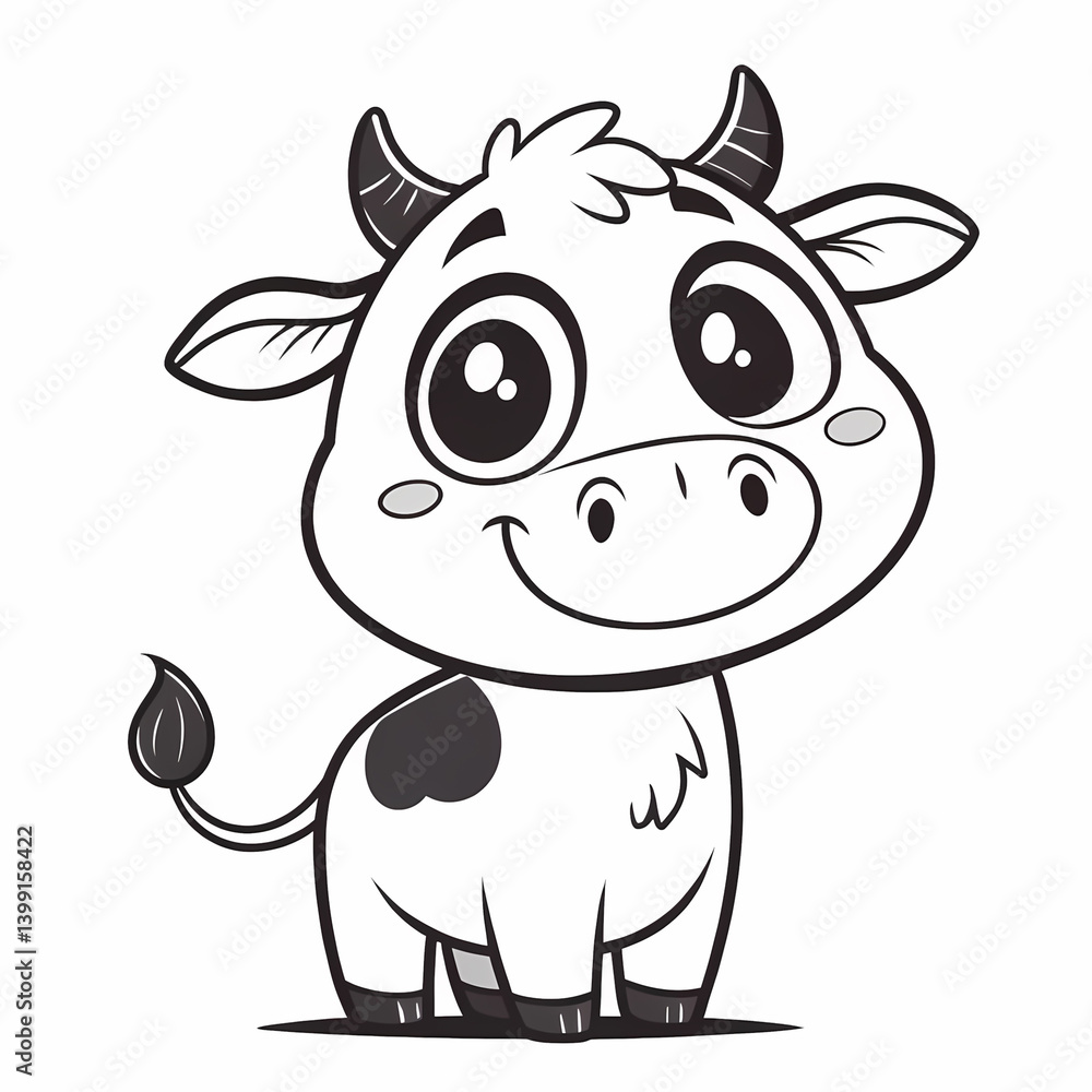 Fototapeta premium Coloring page with a cute cow for kindergarten. Black and white illustration with a cow. Printable sheet