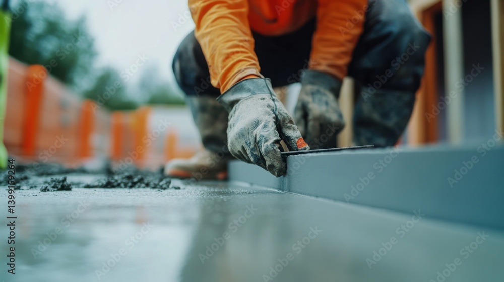 A construction site worker leveling a surface with a trowel. Featuring accuracy and focus A construction site worker leveling a surface with a trowel. Featuring accuracy and focus
