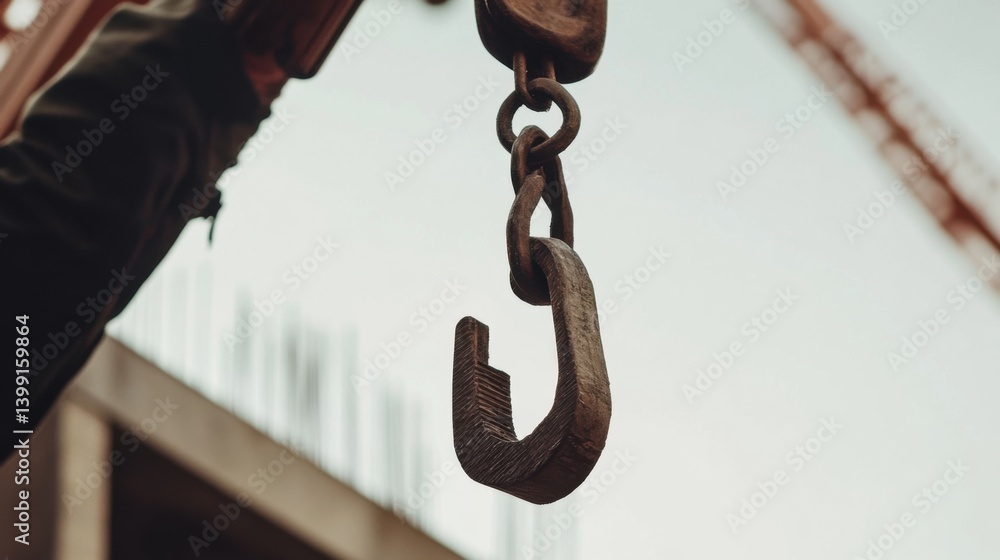 A construction site worker lifting a heavy material using a crane hook. Featuring teamwork and strength