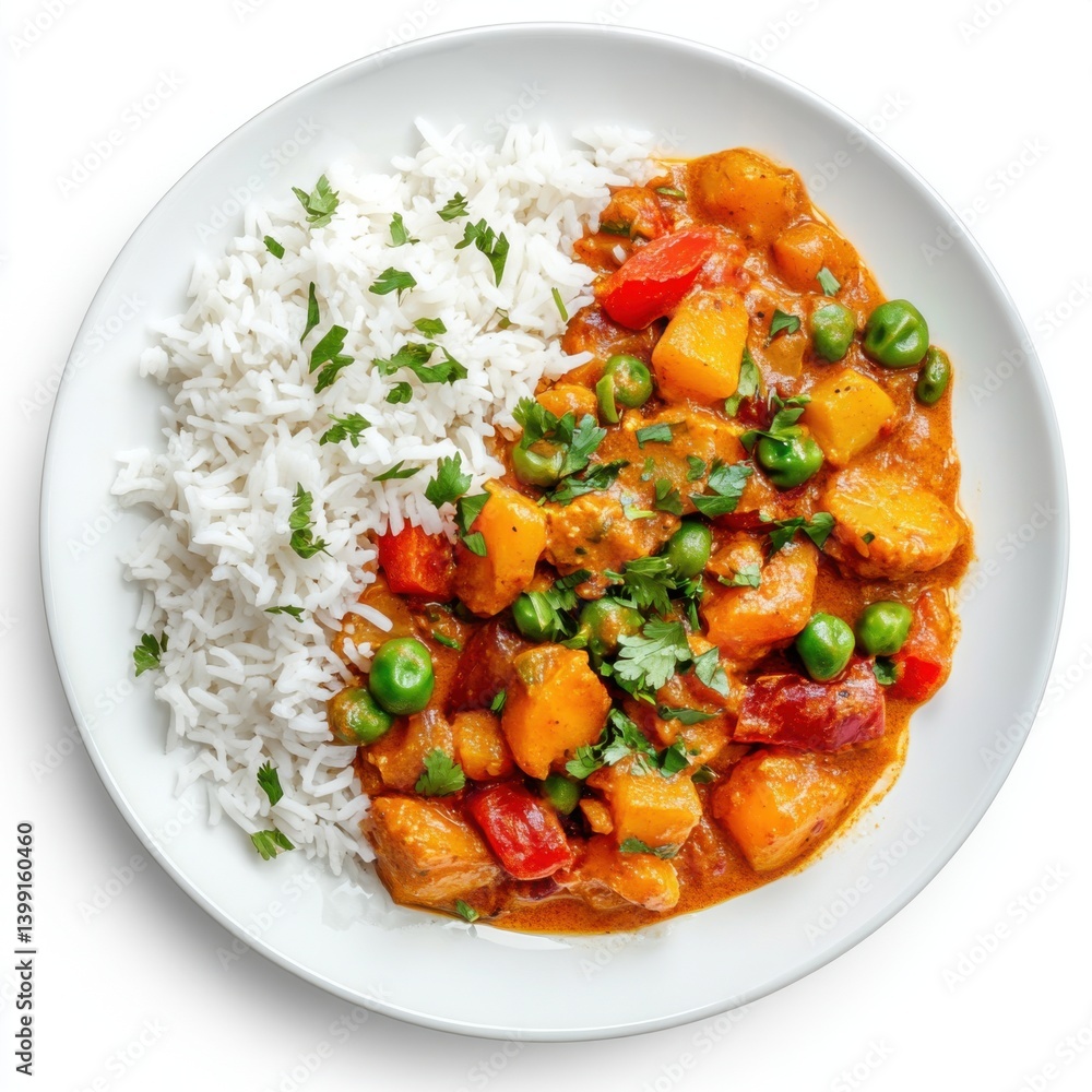A top view of a plate of vegetable korma with basmati rice, isolated on a white background ,
