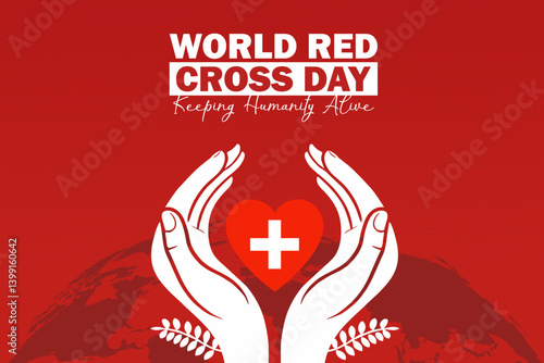 World red cross day vector illustration with hands holding a red heart with cross symbol and Global map silhouette. Ideal for awareness campaigns, medical and humanitarian design, or health content.