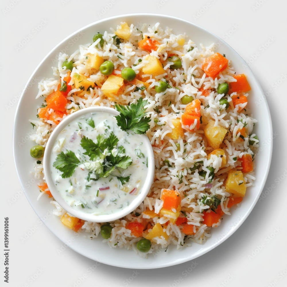 A top view of a plate of vegetable pulao with raita, isolated on a white background