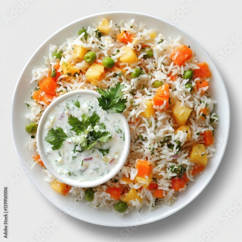 Obraz na płótnie A top view of a plate of vegetable pulao with raita, isolated on a white background w salonie