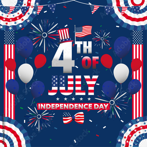 Colorful illustration of U.S. Independence Day with balloons, fireworks, confetti, and patriotic symbols on a blue background. Perfect for celebrating July 4th in festive, editorial designs.