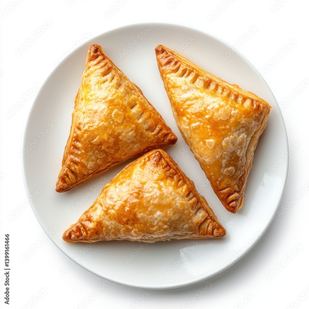 A top view of a plate of warm apple turnovers, isolated on a white background