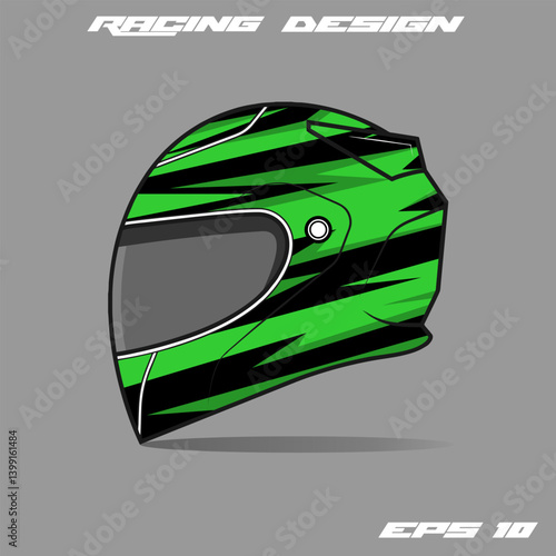 Racing helmet design featuring bold green and black stripes on a gray background