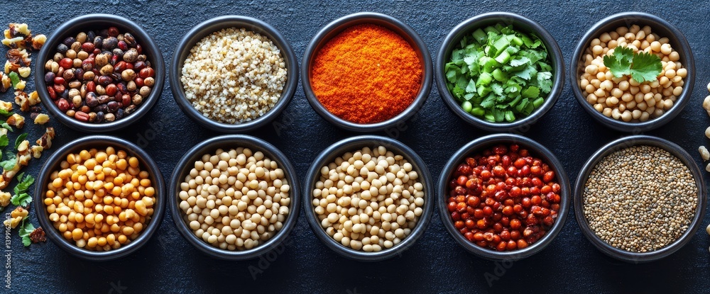 A spread of various ingredients grains, beans, herbs, and spices in black bowls on a dark textured surface A spread of various ingredients grains, beans, herbs, and spices in black bowls on a dark textured surface
