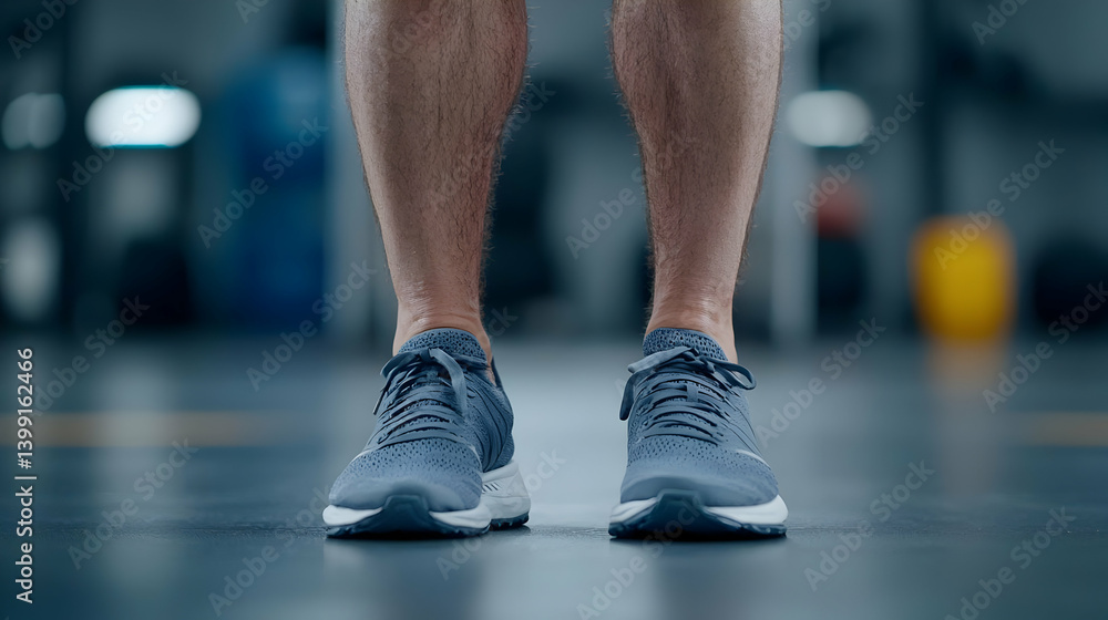 Closeup Of Man's Gray And Blue Running Shoes Closeup Of Man's Gray And Blue Running Shoes