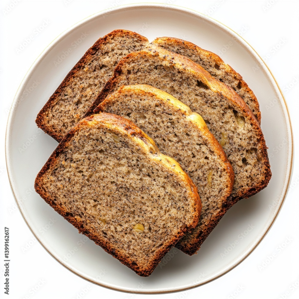 A top view of a plate of warm banana bread slices, isolated on a white background