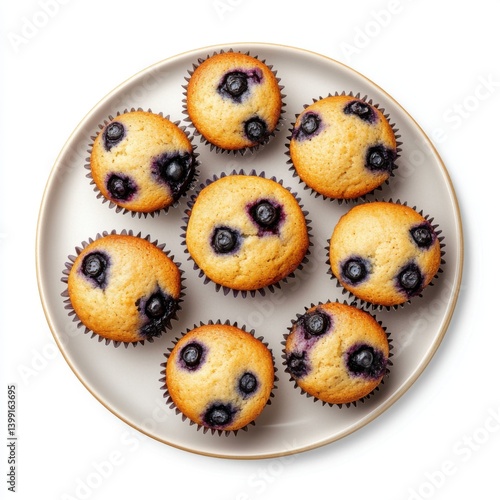 A top view of a plate of warm blueberry muffins, isolated on a white background