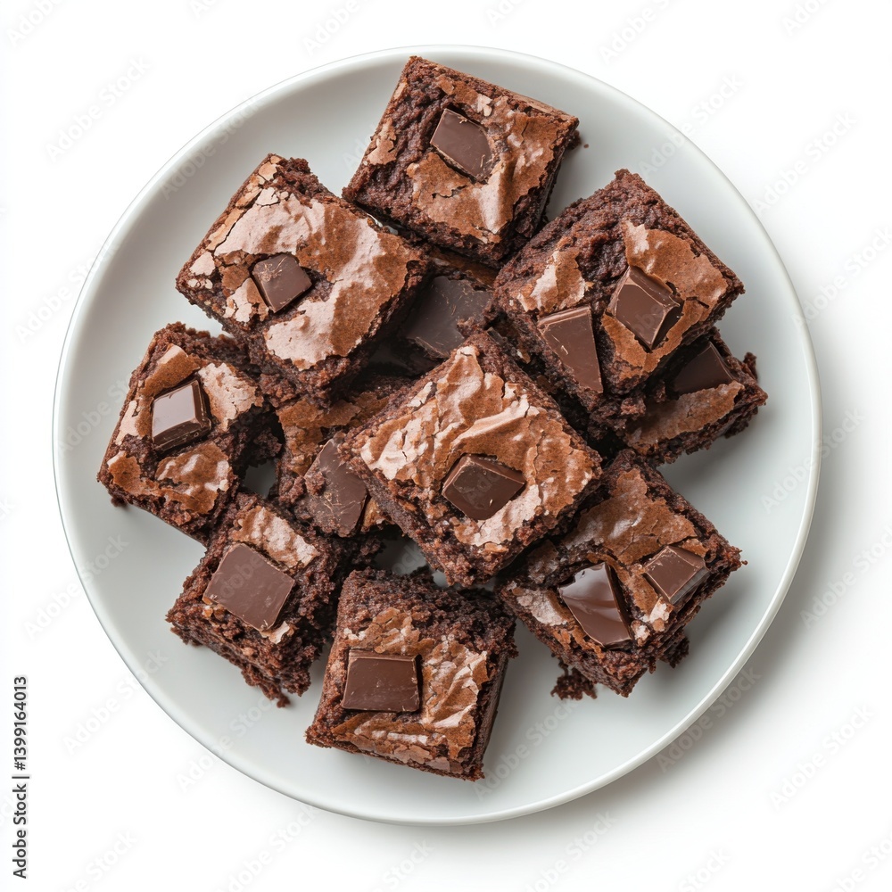 A top view of a plate of warm brownies with chocolate chunks, isolated on a white background ,