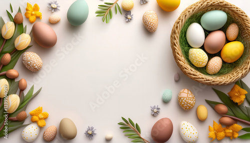 Easter Eggs Scattered Around The Corners of  an Empty Blank Off-white Paper, Isolated, Copy Space, Happy Easter Holiday, Colorful Eggs, Decorated Eggs, Decoration, Graphic Design, Add Note, Egg Basket