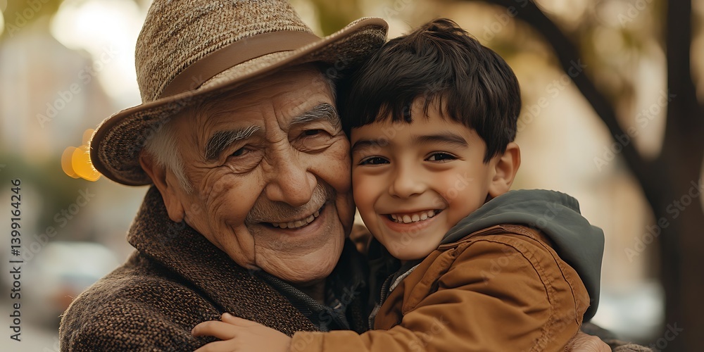 Obraz premium Heartwarming portrait of elderly man embracing young boy in autumn park setting with joy