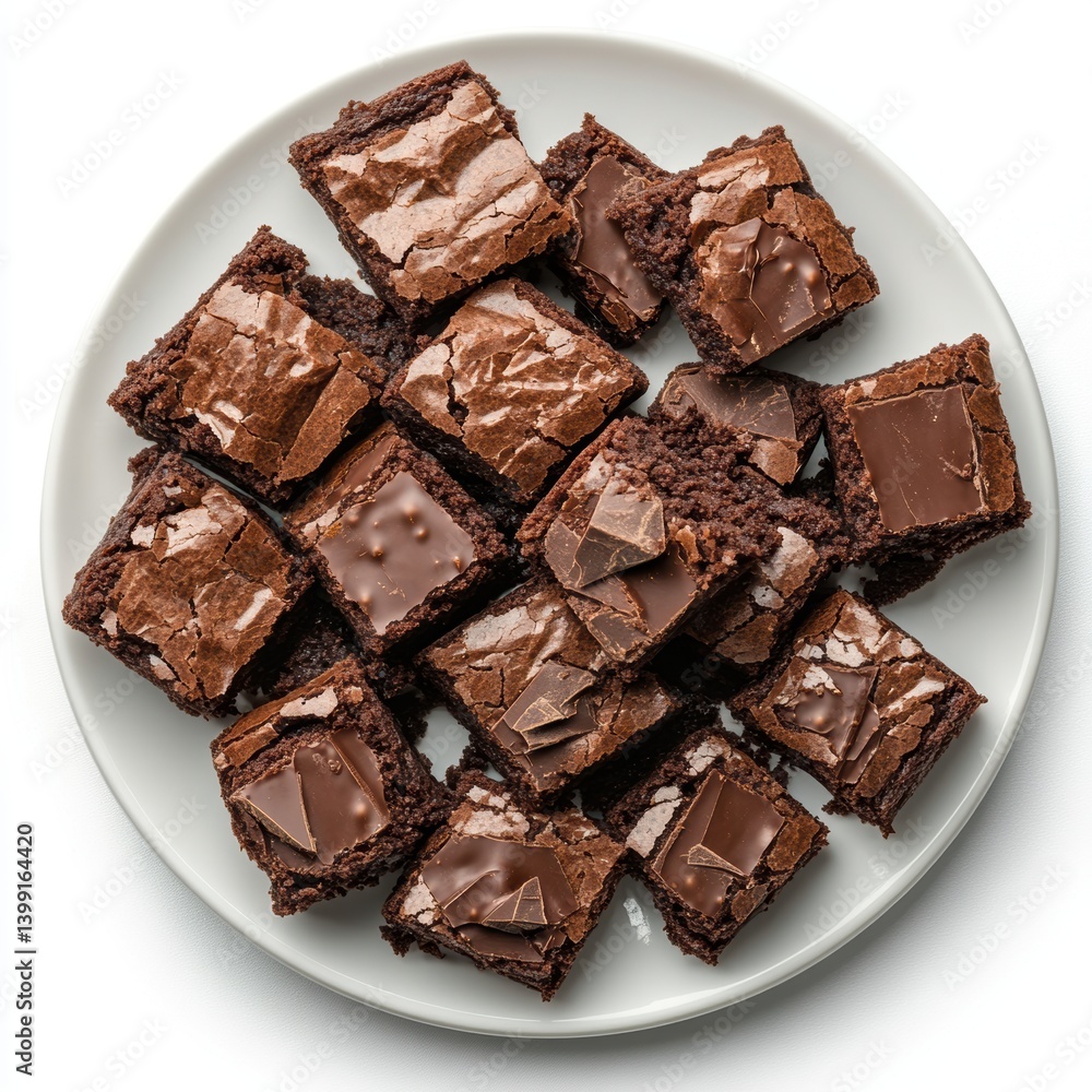 A top view of a plate of warm brownies with chocolate chunks, isolated on a white background ,