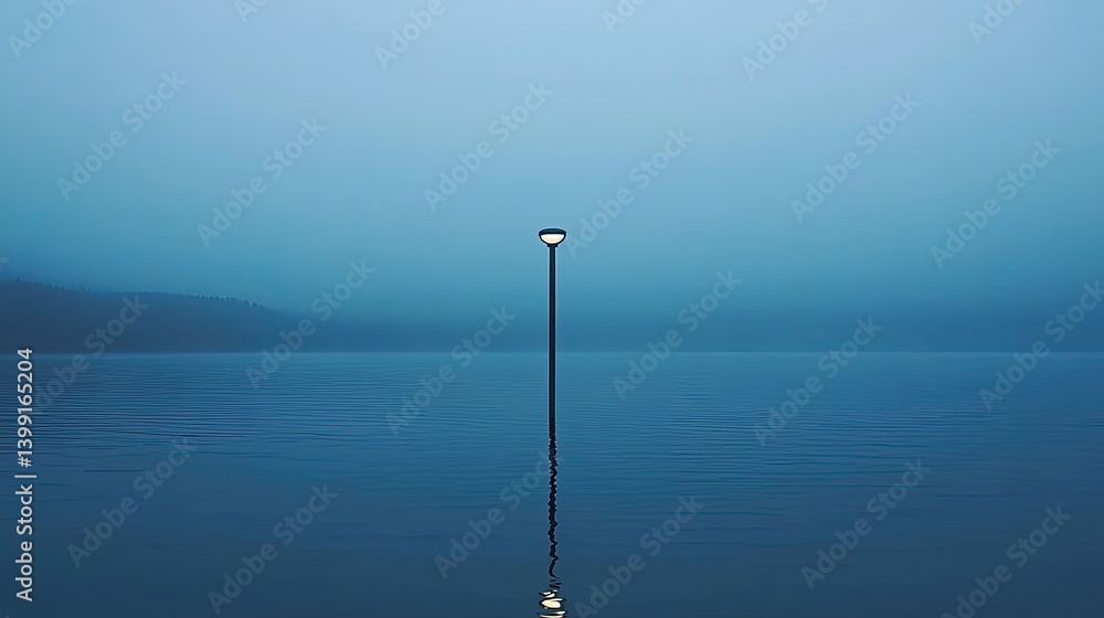 Solitary Lightpost on a Misty Lake at Dawn: A Serene Minimalist Landscape Solitary Lightpost on a Misty Lake at Dawn: A Serene Minimalist Landscape