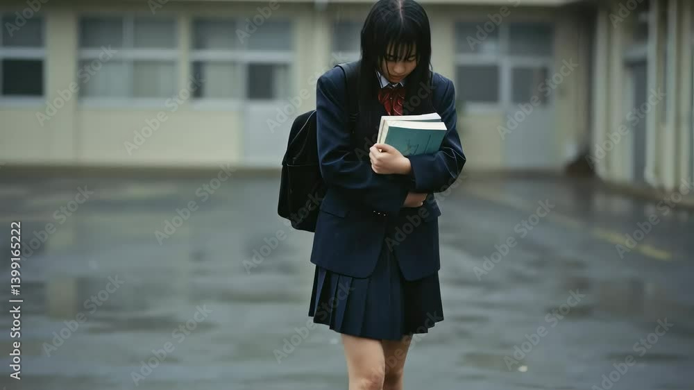 雨でずぶ濡れのまま、本を抱えて歩く女子高生