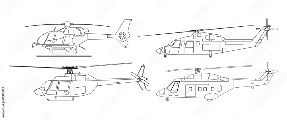 Obraz premium Helicopter set outline various angles
