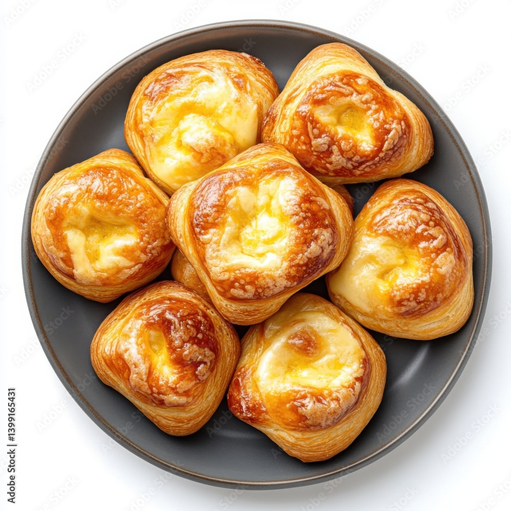 A top view of a plate of warm cheese danishes, isolated on a white background