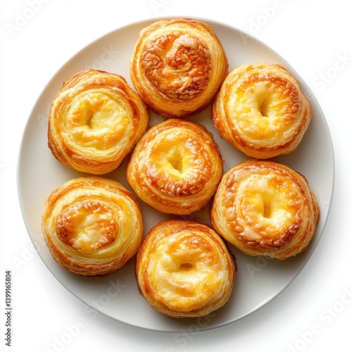 A top view of a plate of warm cheese danishes, isolated on a white background 