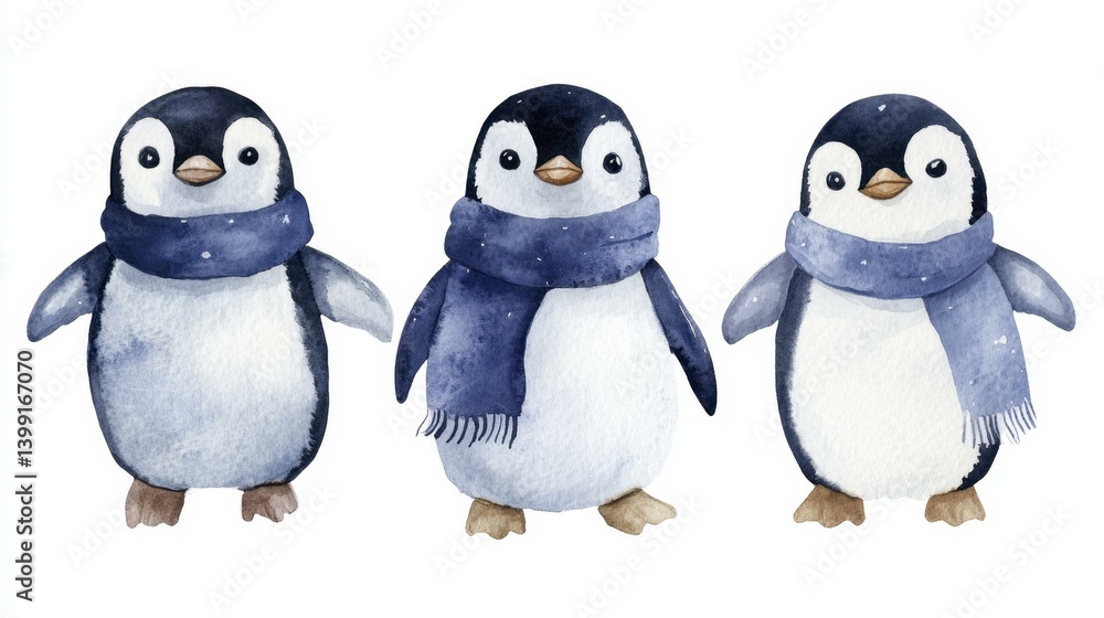 Naklejka premium Three Watercolor Penguins Wearing Blue Scarves Standing on White Background