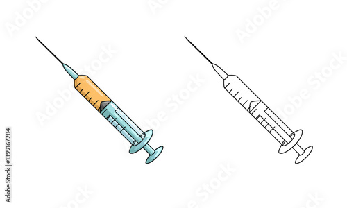Medical syringe illustration, medical equipment element illustration, Line Drawing, cartoon drawing, vector flat design. suitable for your design needs