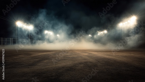 Empty sports ground at night, shrouded in fog and spotlights