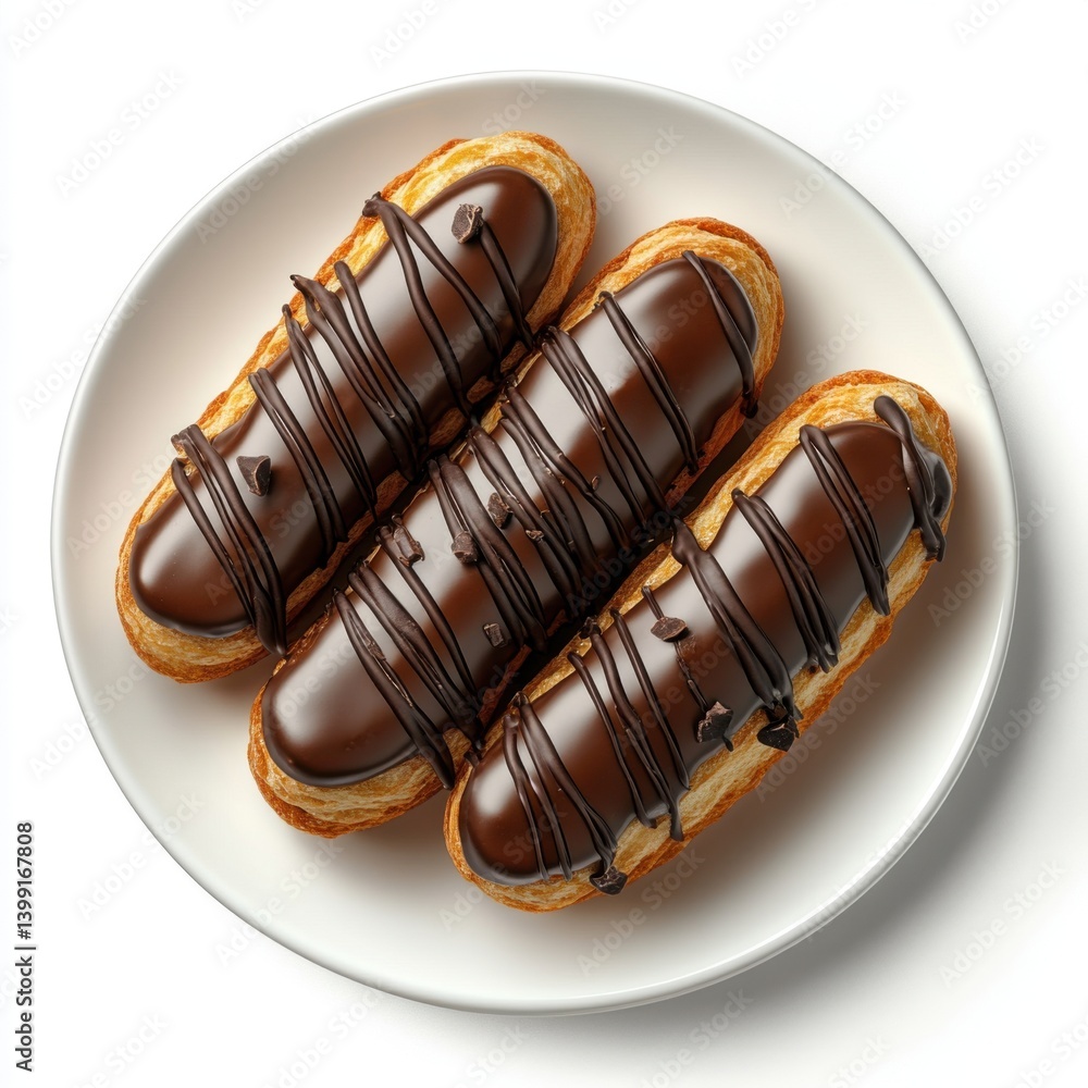 A top view of a plate of warm chocolate eclairs, isolated on a white background ,