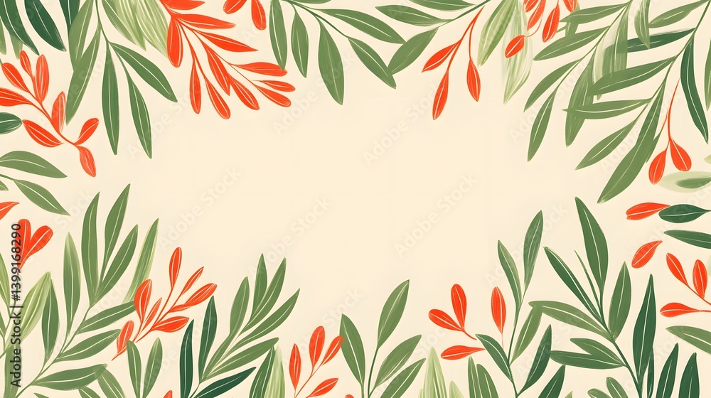 Naklejka premium Elegant Floral Frame Border Green Leaves Orange Flowers Cream Background