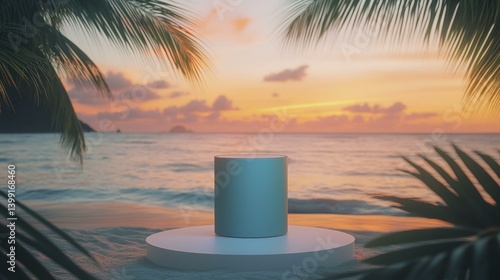 Sunset Beach Display Podium Palm Tree Tropical Ocean Coastline Scene