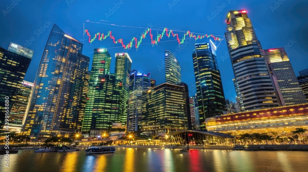 Fototapeta premium Financial market trends overlaid on a vibrant city skyline at night.