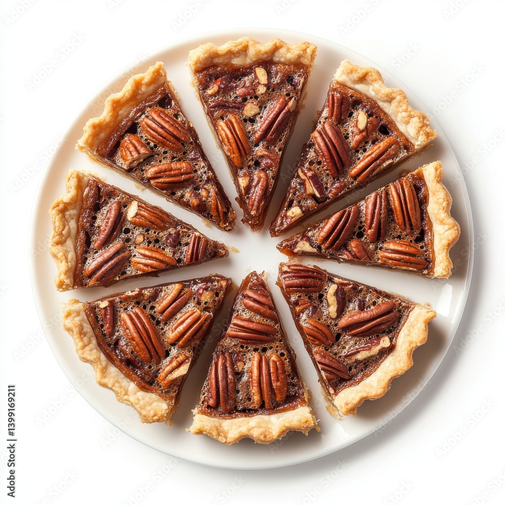 A top view of a plate of warm pecan pie slices, isolated on a white background