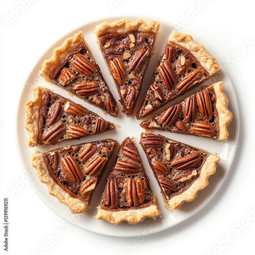 Obraz na płótnie A top view of a plate of warm pecan pie slices, isolated on a white background w salonie