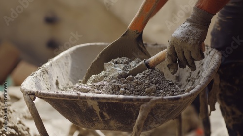 Wallpaper Mural A construction site worker mixing cement with a shovel in a wheelbarrow. Featuring strength and preparation Torontodigital.ca