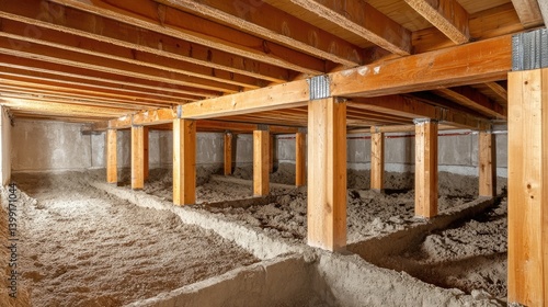 Underneath the House: Exploring a Crawlspace Structure with Wooden Beams and Support Pillars