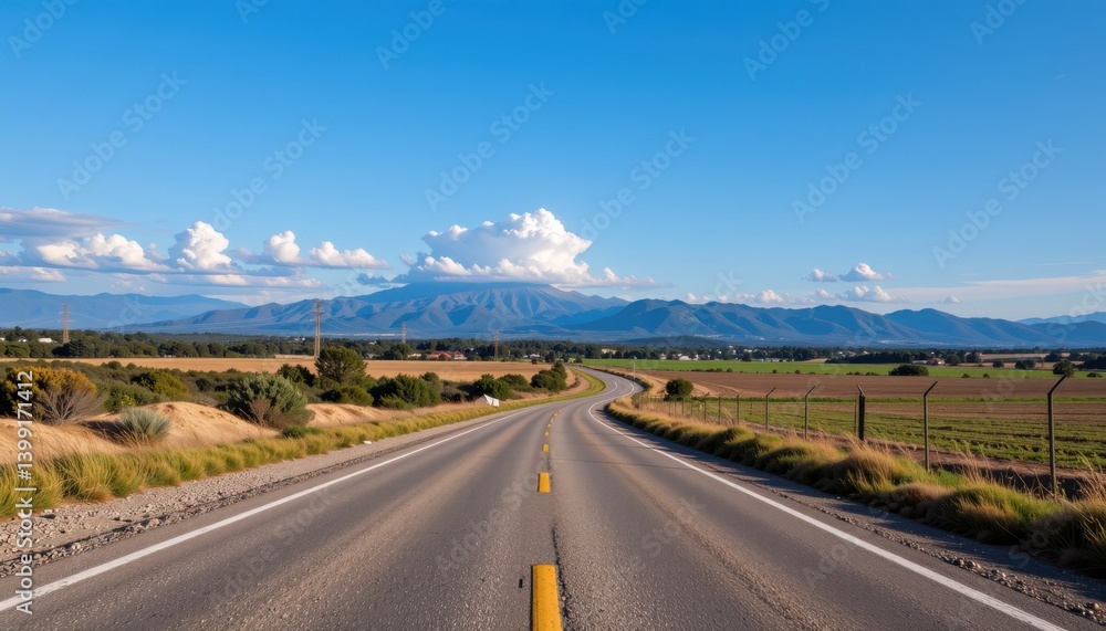 Scenic road journey through open fields and mountains rural landscape cloudy sky peaceful environment Scenic road journey through open fields and mountains rural landscape cloudy sky peaceful environment