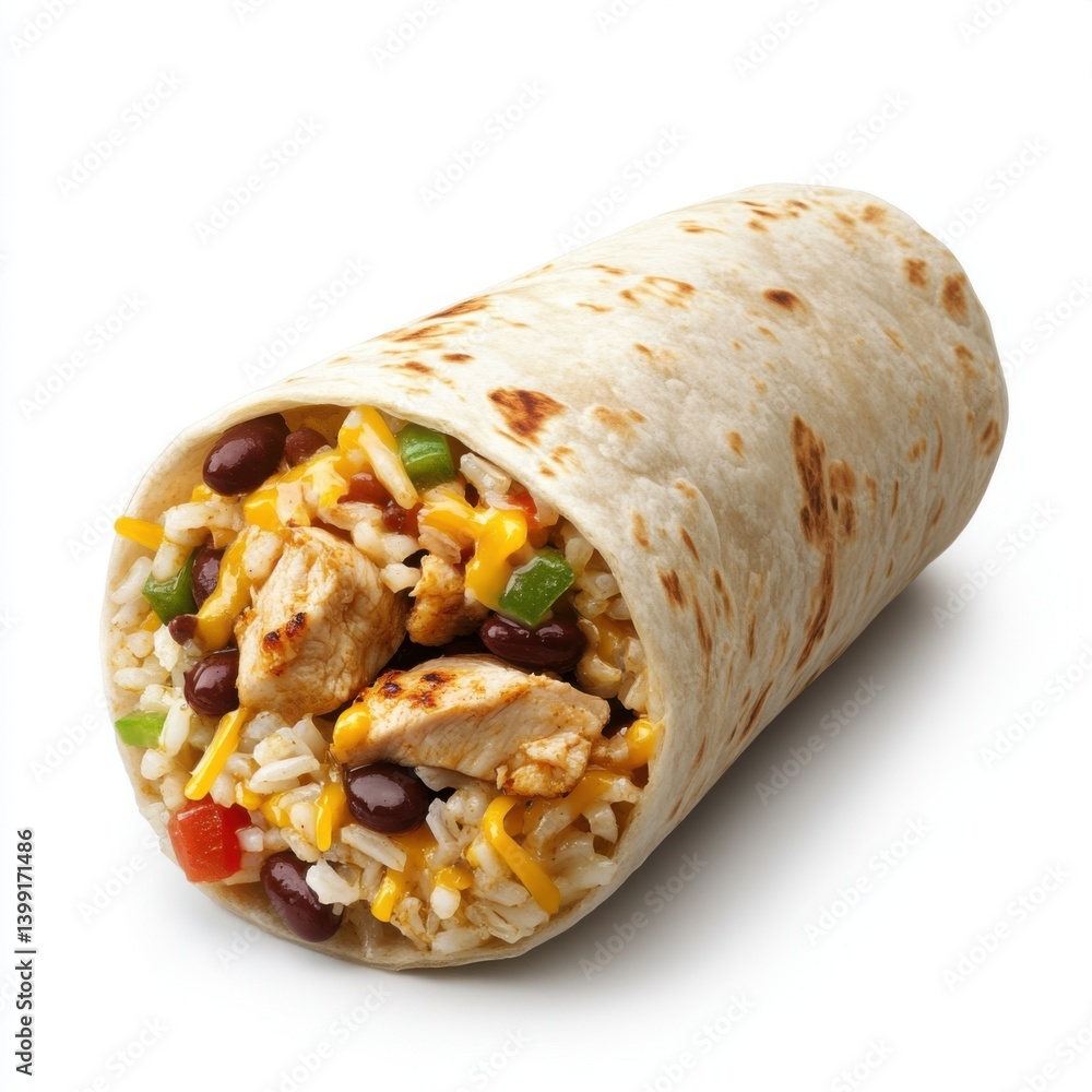 a hyper-detailed 3D rendering of a burrito, with a flour tortilla, grilled chicken, rice, beans