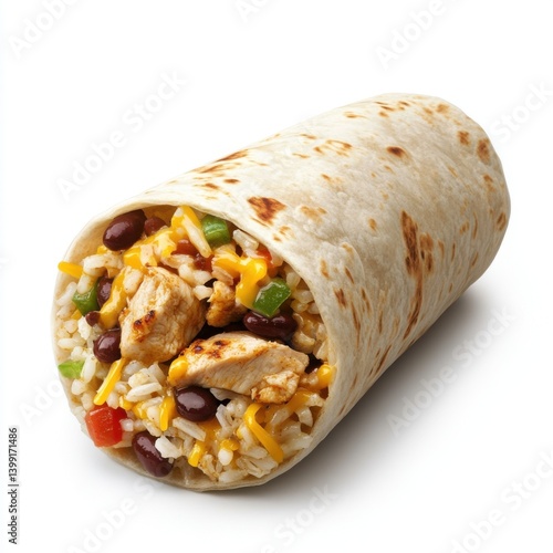 a hyper-detailed 3D rendering of a burrito, with a flour tortilla, grilled chicken, rice, beans