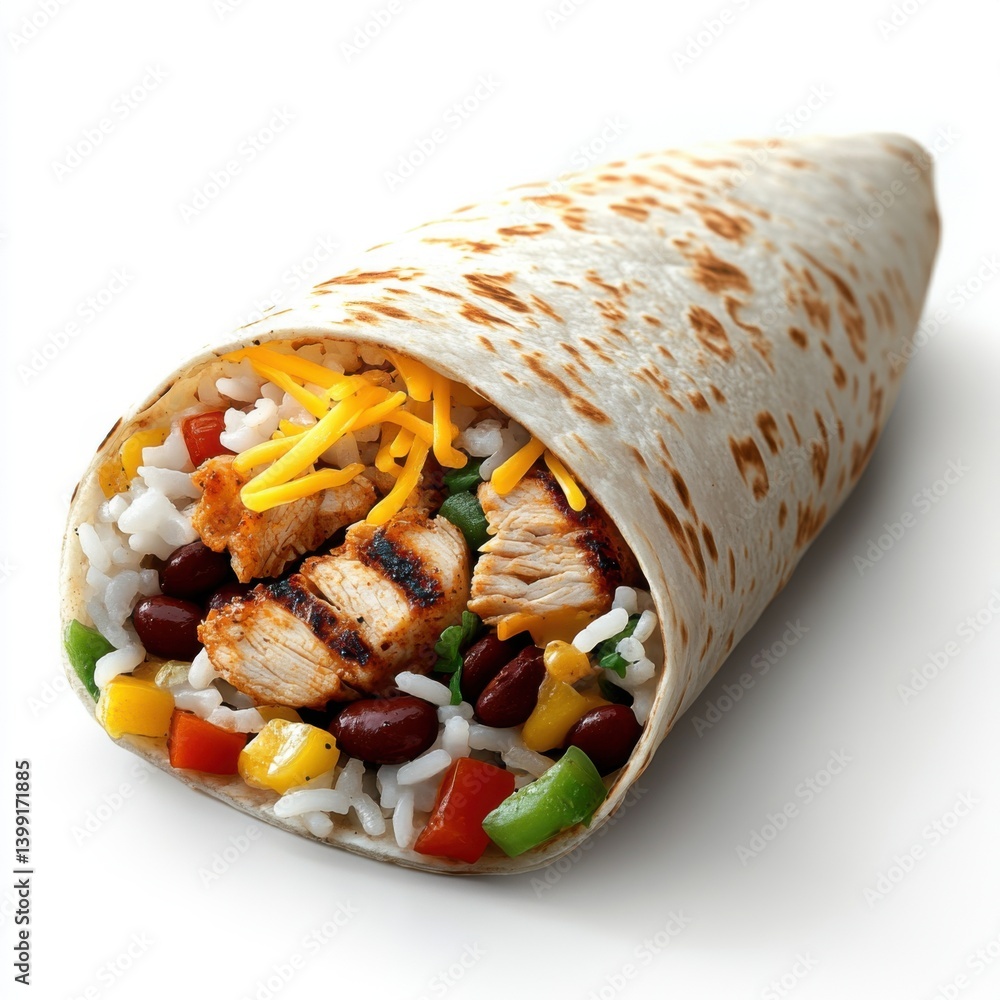 a hyper-detailed 3D rendering of a burrito, with a flour tortilla, grilled chicken, 