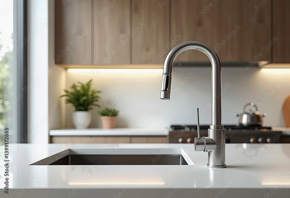 Fototapeta premium Photo-Realistic Faucet Detail: Beautiful Kitchen Design, Back Wall Focus, High Definition - Showcasing Fixture Elegance and Modern Style. 