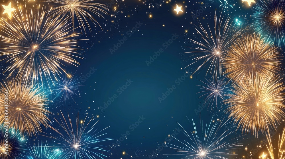 Naklejka premium Vibrant Fireworks Burst Against a Deep Blue Night Sky with Twinkling Stars Surrounding Radiant Sparks