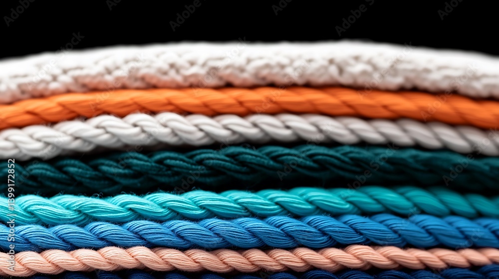 Fototapeta premium A layered stack of colorful ropes creates textured patterns in cool blue, teal, & orange tones