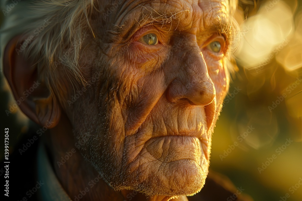 Close-up portrait of a senior man's weathered face, illuminated by warm golden sunlight. His expression is thoughtful and serene. Close-up portrait of a senior man's weathered face, illuminated by warm golden sunlight. His expression is thoughtful and serene.