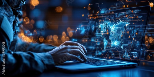 Soldier Using Laptop Displays Global Network Data