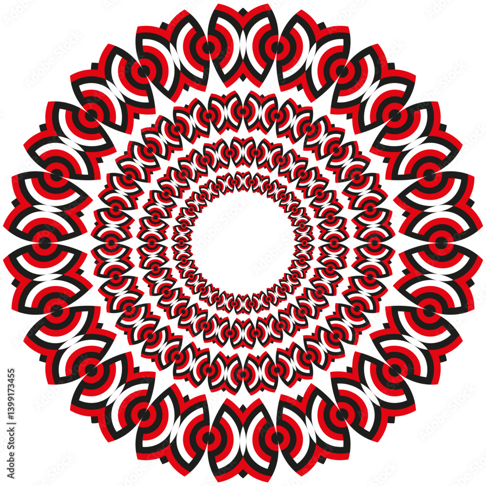 Radial pattern structure. Repeating red target. Circular decorative frame. Vector symmetry shape.