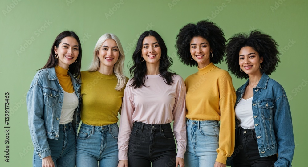 Obraz premium Caucasian 20s friend group on green plain bright background modern chic fashion pose model portrait portrait banner with copy space ad concept marketing