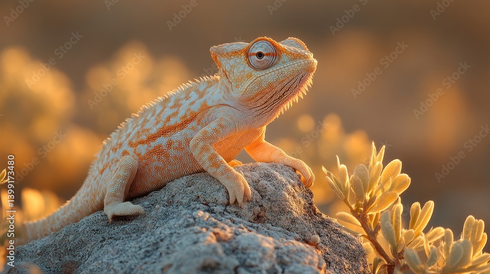Golden Hour Chameleon: A Majestic Reptile Basking in the Sunset's Glow Golden Hour Chameleon: A Majestic Reptile Basking in the Sunset's Glow
