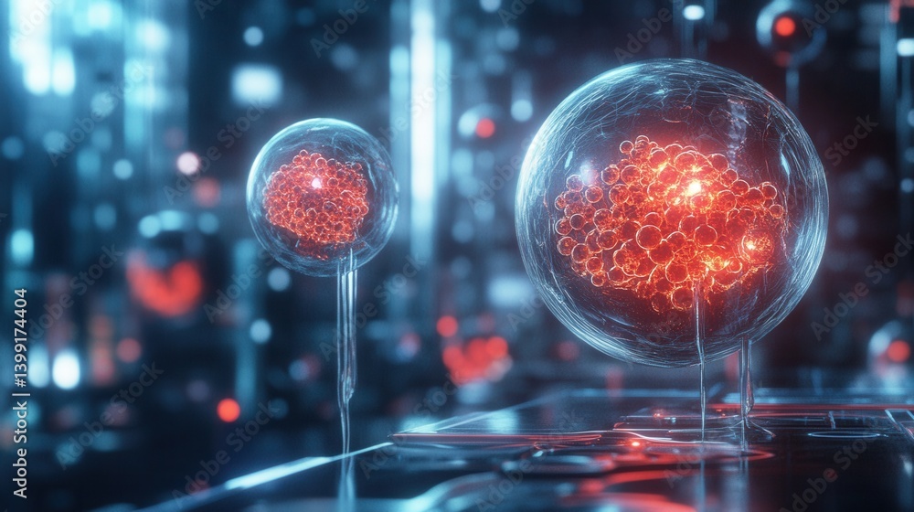 a hyper-detailed 3D rendering of a futuristic regenerative medicine lab, with glowing stem cells,