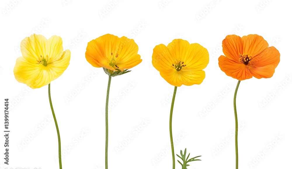 Fototapeta premium Vibrant Yellow and Orange Poppies Displaying Natural Beauty on White Background