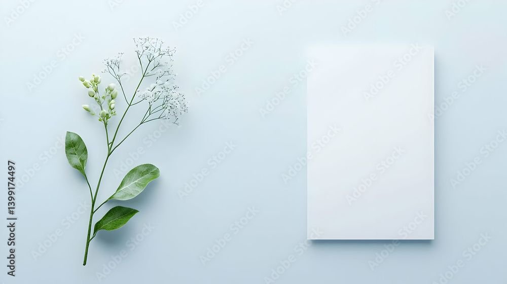 Elegant Floral Arrangement With Blank Card On Light Pastel Blue Background Elegant Floral Arrangement With Blank Card On Light Pastel Blue Background
