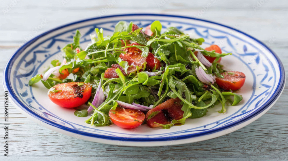 Fresh organic salad with arugula, cherry tomatoes, and herbs, drizzled with olive oil, offers vibrant and healthy meal option Fresh organic salad with arugula, cherry tomatoes, and herbs, drizzled with olive oil, offers vibrant and healthy meal option